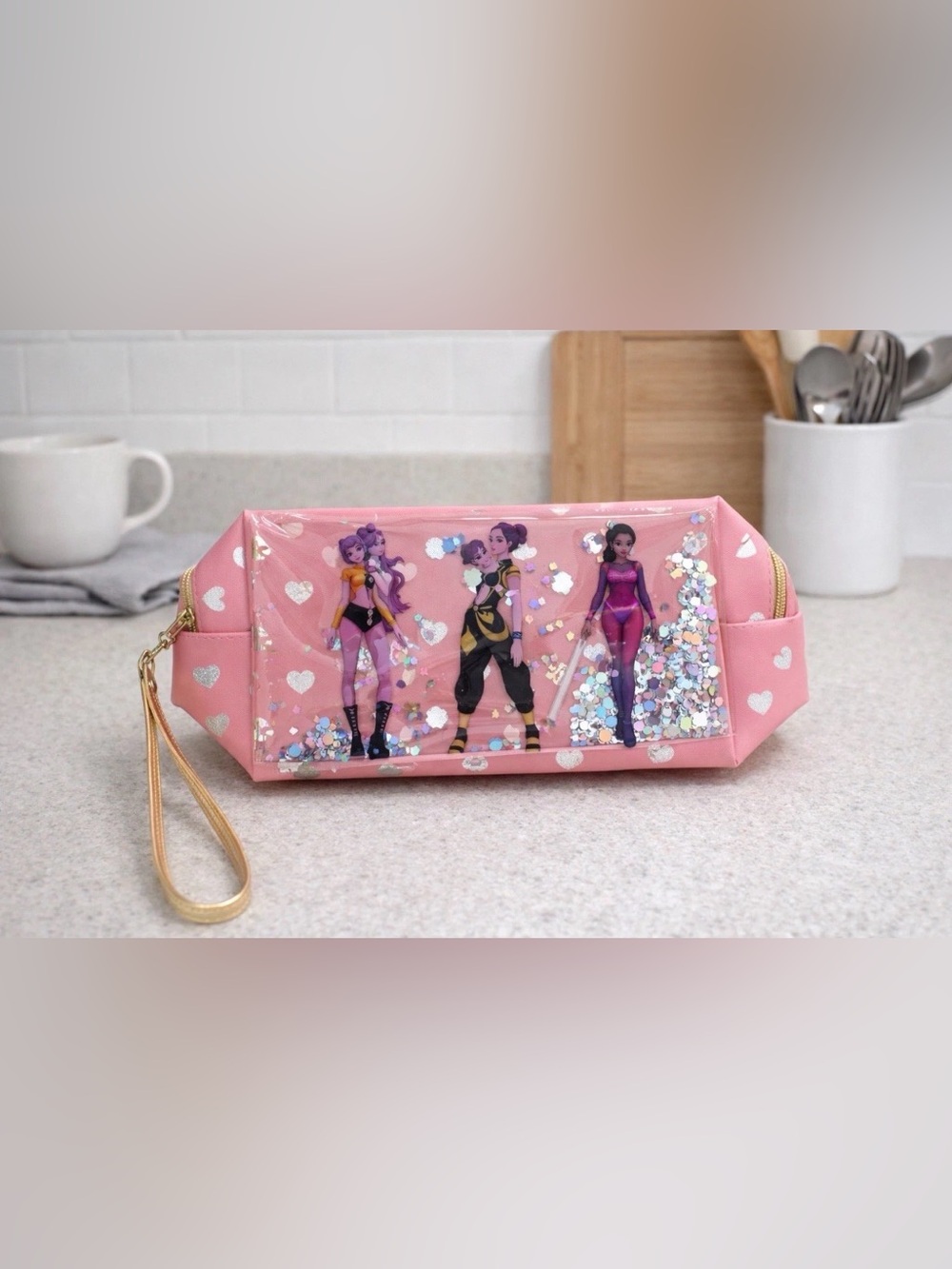 KPOP Pink Makeup Bag With Wrist Strap – Glitter Heart Cosmetic Pouch